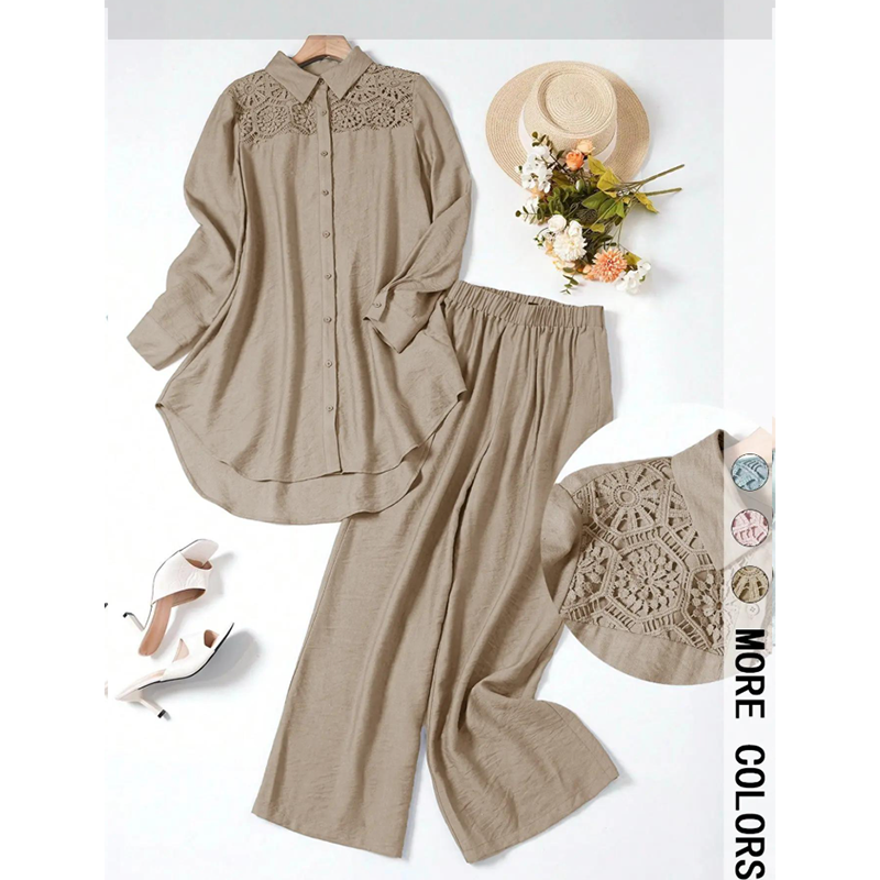 ✨🌺 50 % de réduction + livraison gratuite🔥 Ensemble deux pièces composé d'une chemise et d'un pantalon en patchwork de dentelle