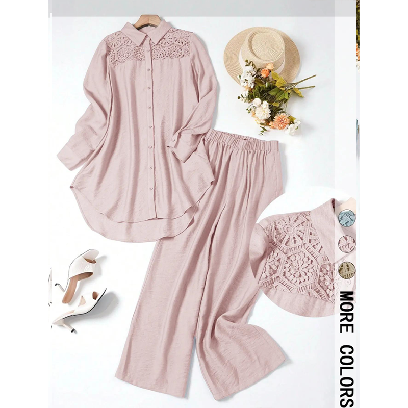 ✨🌺 50 % de réduction + livraison gratuite🔥 Ensemble deux pièces composé d'une chemise et d'un pantalon en patchwork de dentelle