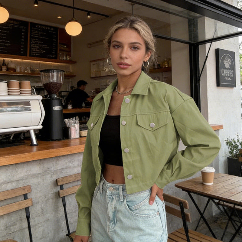 ✨💚 50 % de réduction + livraison gratuite🔥Veste courte unie à boutons pour femme