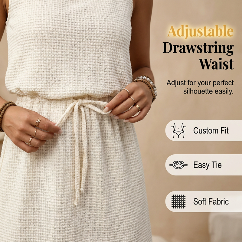 🎀🍂 50 % de réduction🔥 Robe sans manches pour femme en maille gaufrée, avec cordon de serrage à la taille