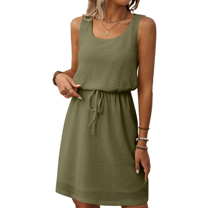 🎀🍂 50 % de réduction🔥 Robe sans manches pour femme en maille gaufrée, avec cordon de serrage à la taille