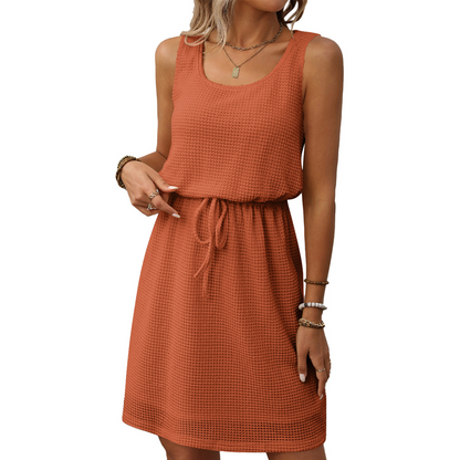 🎀🍂 50 % de réduction🔥 Robe sans manches pour femme en maille gaufrée, avec cordon de serrage à la taille