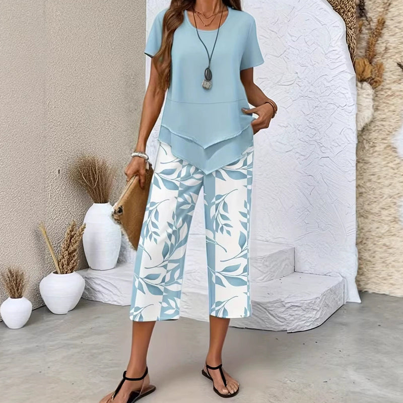 ✨50% de réduction 🔥💙 Ensemble décontracté composé d'un haut long superposé à col rond et d'un pantalon à jambes larges