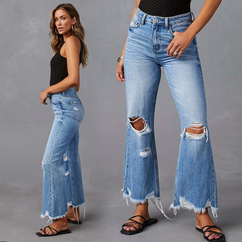 ✨👖55 % de réduction 🔥Jean évasé déchiré à taille haute pour femme