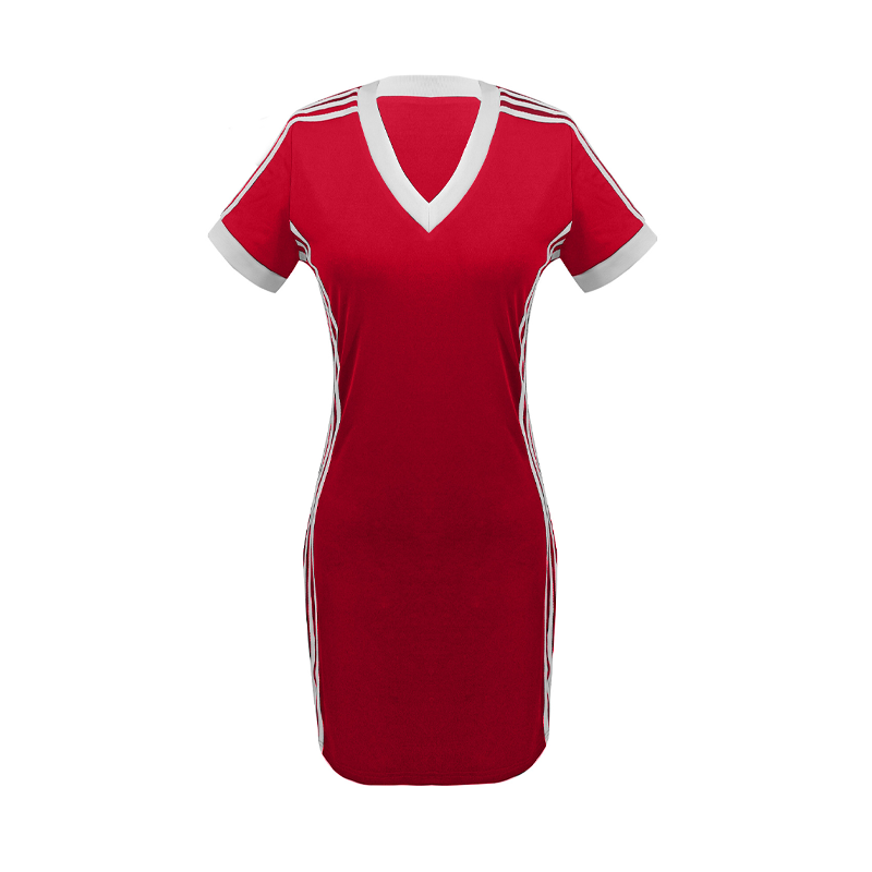 👗 53% DE RÉDUCTION MAINTENANT ! Robe mini moulante sportive pour femme – Col V, manches rayées, polyester respirant et coupe flatteuse 🏃‍♀️✨