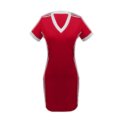 👗 53% DE RÉDUCTION MAINTENANT ! Robe mini moulante sportive pour femme – Col V, manches rayées, polyester respirant et coupe flatteuse 🏃‍♀️✨