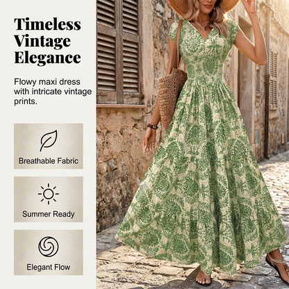 👗🌸57% de réduction 🍂 Robe longue à col en V et imprimé floral, avec smocks, pour femme🍁