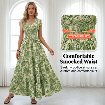 👗🌸57% de réduction 🍂 Robe longue à col en V et imprimé floral, avec smocks, pour femme🍁