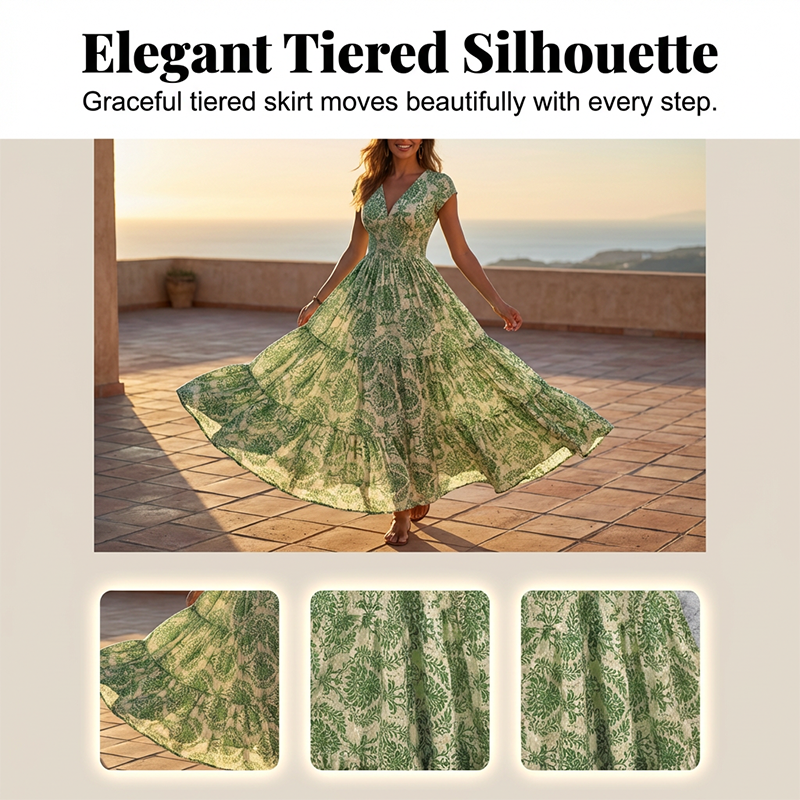 👗🌸57% de réduction 🍂 Robe longue à col en V et imprimé floral, avec smocks, pour femme🍁