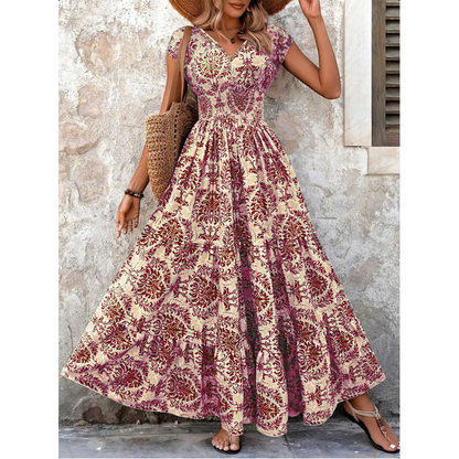 👗🌸57% de réduction 🍂 Robe longue à col en V et imprimé floral, avec smocks, pour femme🍁
