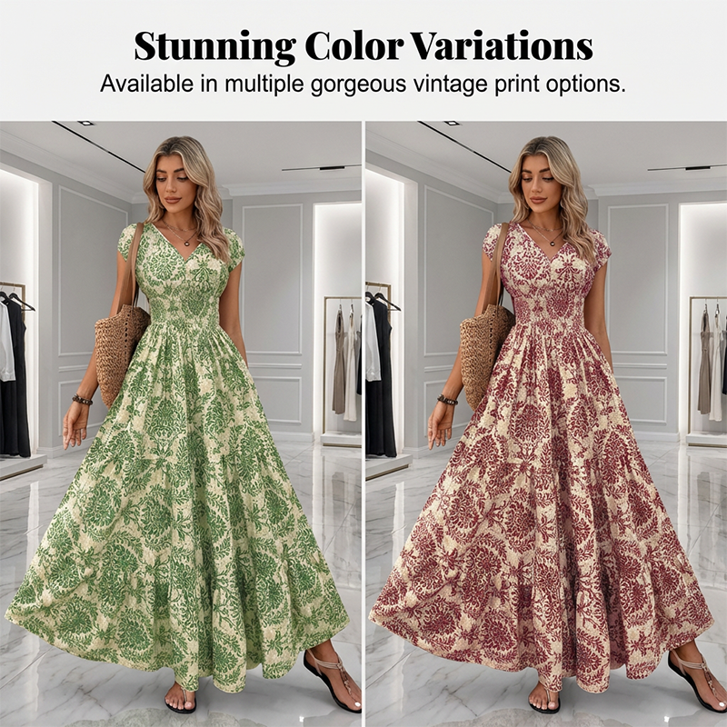 👗🌸57% de réduction 🍂 Robe longue à col en V et imprimé floral, avec smocks, pour femme🍁