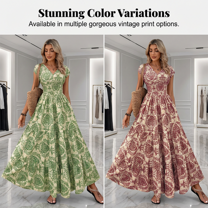 👗🌸57% de réduction 🍂 Robe longue à col en V et imprimé floral, avec smocks, pour femme🍁