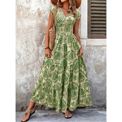 👗🌸57% de réduction 🍂 Robe longue à col en V et imprimé floral, avec smocks, pour femme🍁