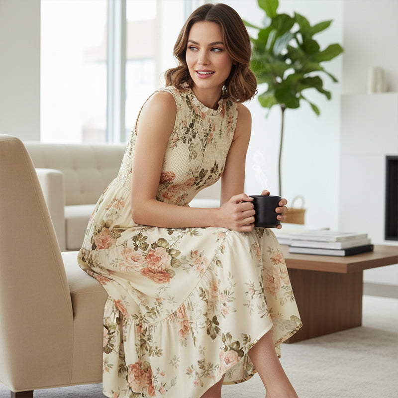 💐 PROMO -50% ! Robe sans Manches Décontractée 🌸| Imprimé Floral, Coupe Midi & Jupe à Étages & Style Bohème 🌴
