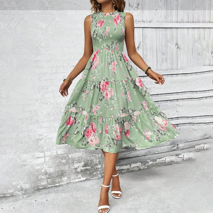 💐 PROMO -50% ! Robe sans Manches Décontractée 🌸| Imprimé Floral, Coupe Midi & Jupe à Étages & Style Bohème 🌴