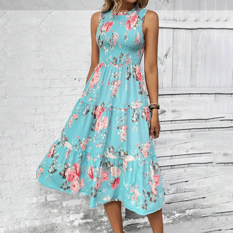 💐 PROMO -50% ! Robe sans Manches Décontractée 🌸| Imprimé Floral, Coupe Midi & Jupe à Étages & Style Bohème 🌴