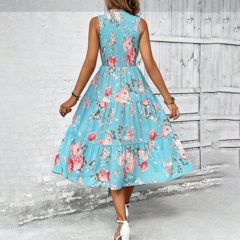 💐 PROMO -50% ! Robe sans Manches Décontractée 🌸| Imprimé Floral, Coupe Midi & Jupe à Étages & Style Bohème 🌴