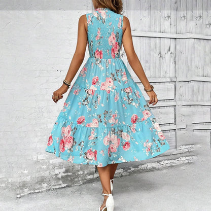 💐 PROMO -50% ! Robe sans Manches Décontractée 🌸| Imprimé Floral, Coupe Midi & Jupe à Étages & Style Bohème 🌴
