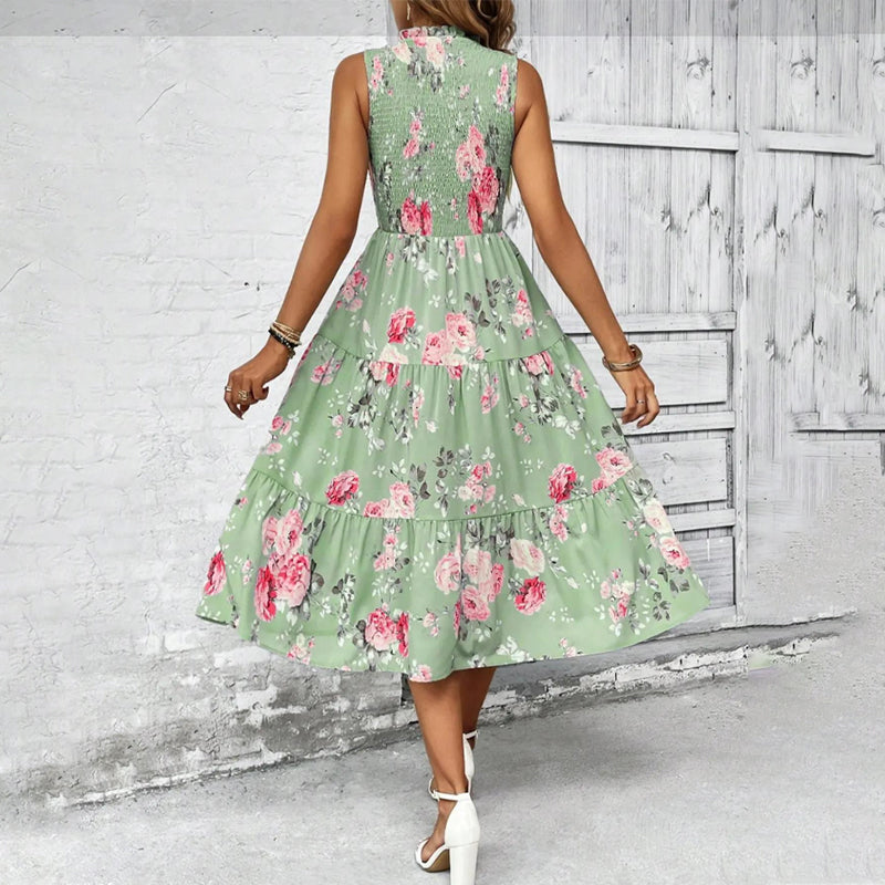 💐 PROMO -50% ! Robe sans Manches Décontractée 🌸| Imprimé Floral, Coupe Midi & Jupe à Étages & Style Bohème 🌴