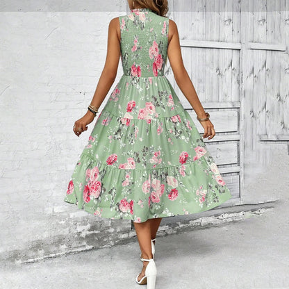 💐 PROMO -50% ! Robe sans Manches Décontractée 🌸| Imprimé Floral, Coupe Midi & Jupe à Étages & Style Bohème 🌴