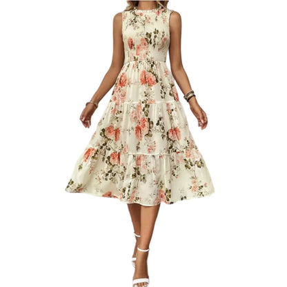 💐 PROMO -50% ! Robe sans Manches Décontractée 🌸| Imprimé Floral, Coupe Midi & Jupe à Étages & Style Bohème 🌴