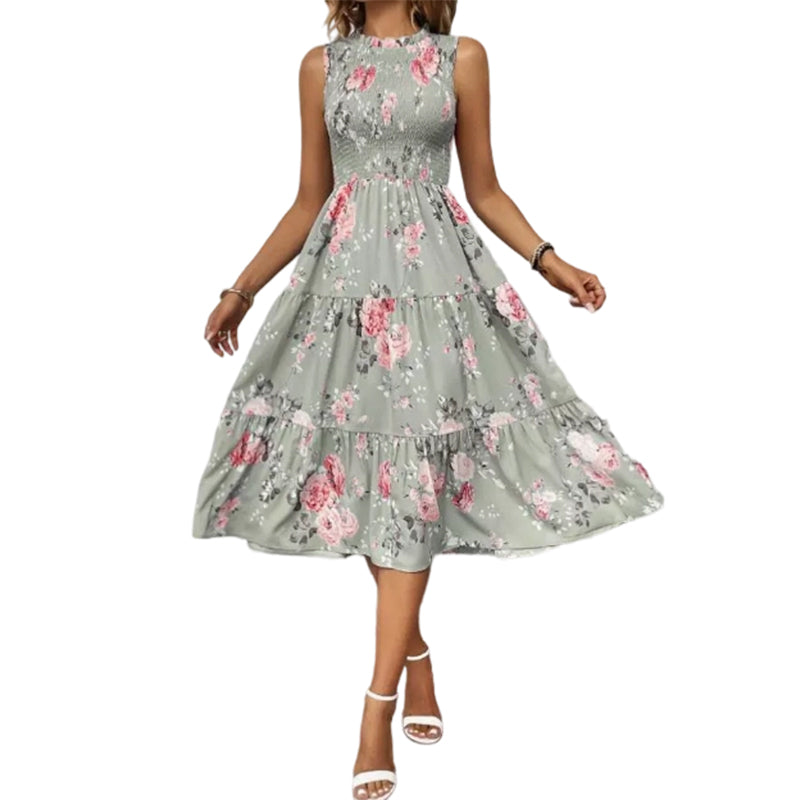 💐 PROMO -50% ! Robe sans Manches Décontractée 🌸| Imprimé Floral, Coupe Midi & Jupe à Étages & Style Bohème 🌴