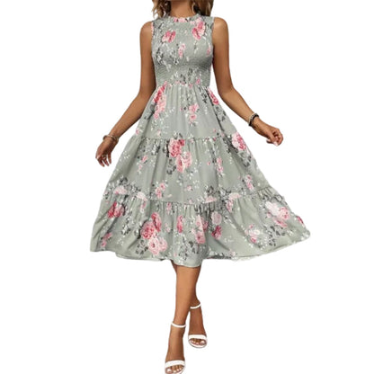 💐 PROMO -50% ! Robe sans Manches Décontractée 🌸| Imprimé Floral, Coupe Midi & Jupe à Étages & Style Bohème 🌴