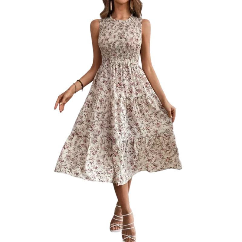 💐 PROMO -50% ! Robe sans Manches Décontractée 🌸| Imprimé Floral, Coupe Midi & Jupe à Étages & Style Bohème 🌴