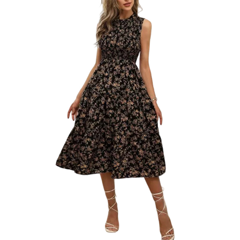 💐 PROMO -50% ! Robe sans Manches Décontractée 🌸| Imprimé Floral, Coupe Midi & Jupe à Étages & Style Bohème 🌴