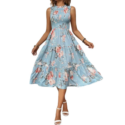 💐 PROMO -50% ! Robe sans Manches Décontractée 🌸| Imprimé Floral, Coupe Midi & Jupe à Étages & Style Bohème 🌴
