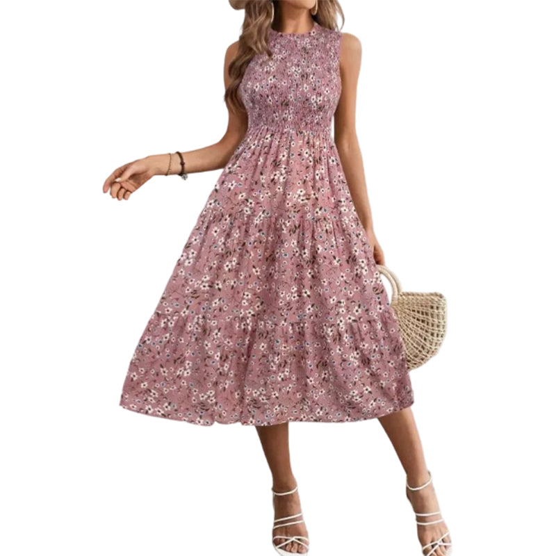 💐 PROMO -50% ! Robe sans Manches Décontractée 🌸| Imprimé Floral, Coupe Midi & Jupe à Étages & Style Bohème 🌴