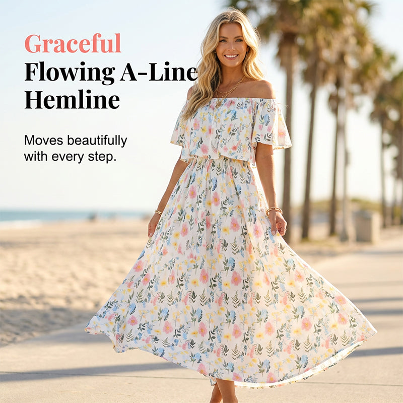 🌸Robe longue à manches courtes et épaules dénudées ✅ Épaules Dénudées & Poches Cachées | Bohème et Élégante 👗 -50% AUJOURD’HUI 🔥