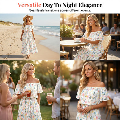 🌸Robe longue à manches courtes et épaules dénudées ✅ Épaules Dénudées & Poches Cachées | Bohème et Élégante 👗 -50% AUJOURD’HUI 🔥