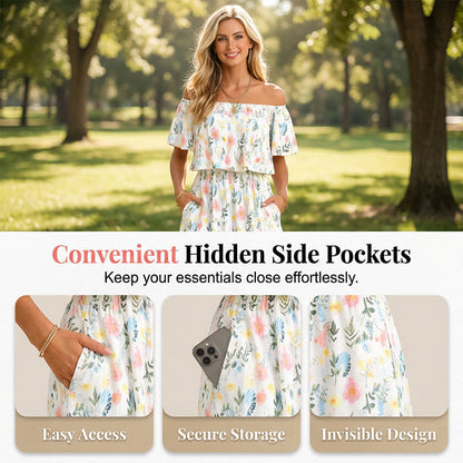 🌸Robe longue à manches courtes et épaules dénudées ✅ Épaules Dénudées & Poches Cachées | Bohème et Élégante 👗 -50% AUJOURD’HUI 🔥