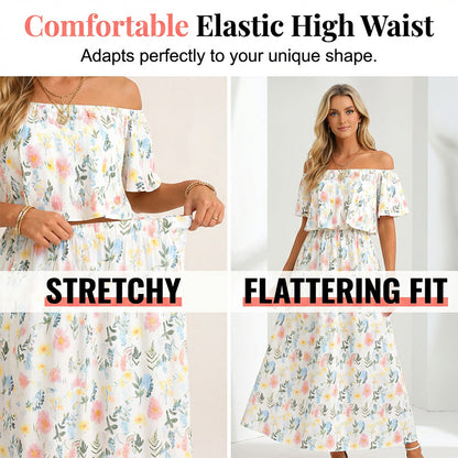 🌸Robe longue à manches courtes et épaules dénudées ✅ Épaules Dénudées & Poches Cachées | Bohème et Élégante 👗 -50% AUJOURD’HUI 🔥