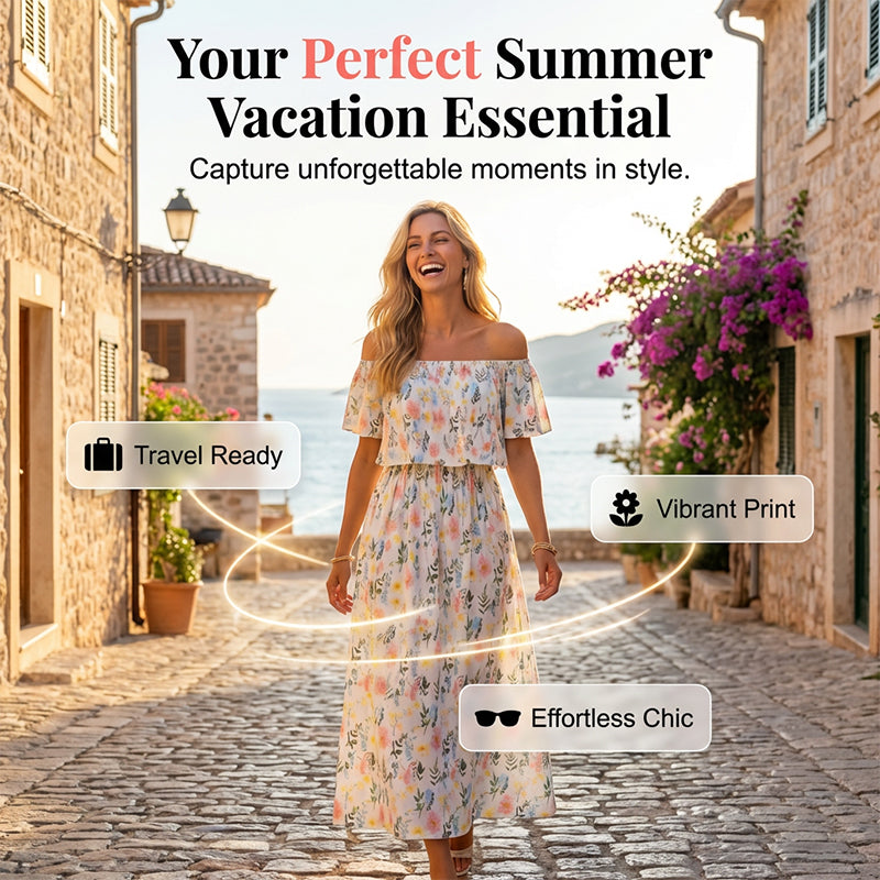 🌸Robe longue à manches courtes et épaules dénudées ✅ Épaules Dénudées & Poches Cachées | Bohème et Élégante 👗 -50% AUJOURD’HUI 🔥