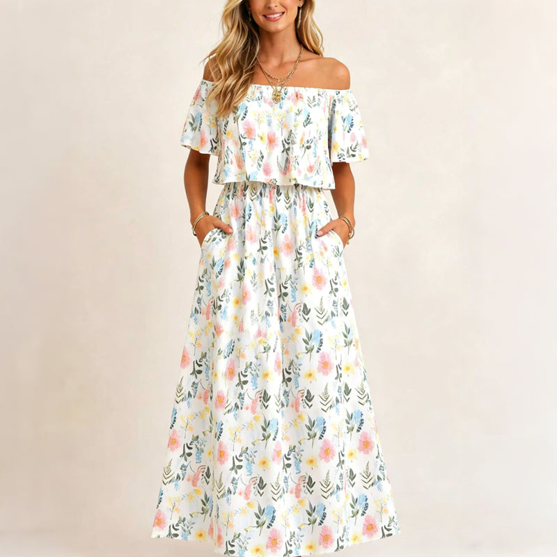 🌸Robe longue à manches courtes et épaules dénudées ✅ Épaules Dénudées & Poches Cachées | Bohème et Élégante 👗 -50% AUJOURD’HUI 🔥