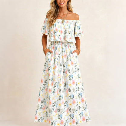 🌸Robe longue à manches courtes et épaules dénudées ✅ Épaules Dénudées & Poches Cachées | Bohème et Élégante 👗 -50% AUJOURD’HUI 🔥