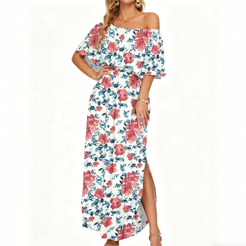 🌸Robe longue à manches courtes et épaules dénudées ✅ Épaules Dénudées & Poches Cachées | Bohème et Élégante 👗 -50% AUJOURD’HUI 🔥