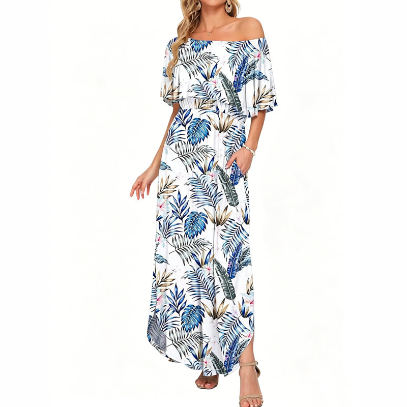 🌸Robe longue à manches courtes et épaules dénudées ✅ Épaules Dénudées & Poches Cachées | Bohème et Élégante 👗 -50% AUJOURD’HUI 🔥