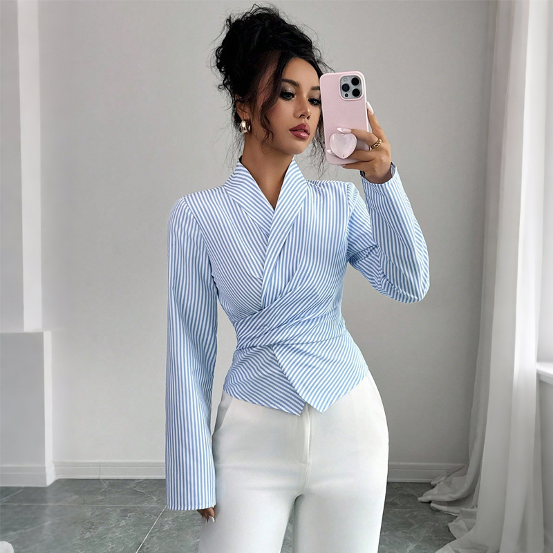 🌿🎀 55 % de réduction 🔥 Chemisier croisé à rayures, col en V et manches longues pour femme