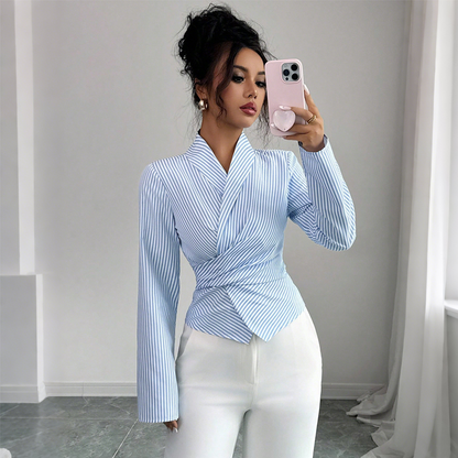 🌿🎀 55 % de réduction 🔥 Chemisier croisé à rayures, col en V et manches longues pour femme
