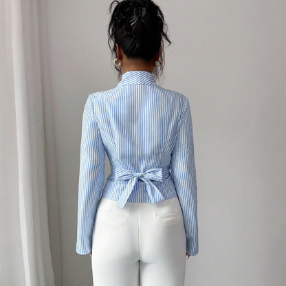 🌿🎀 55 % de réduction 🔥 Chemisier croisé à rayures, col en V et manches longues pour femme