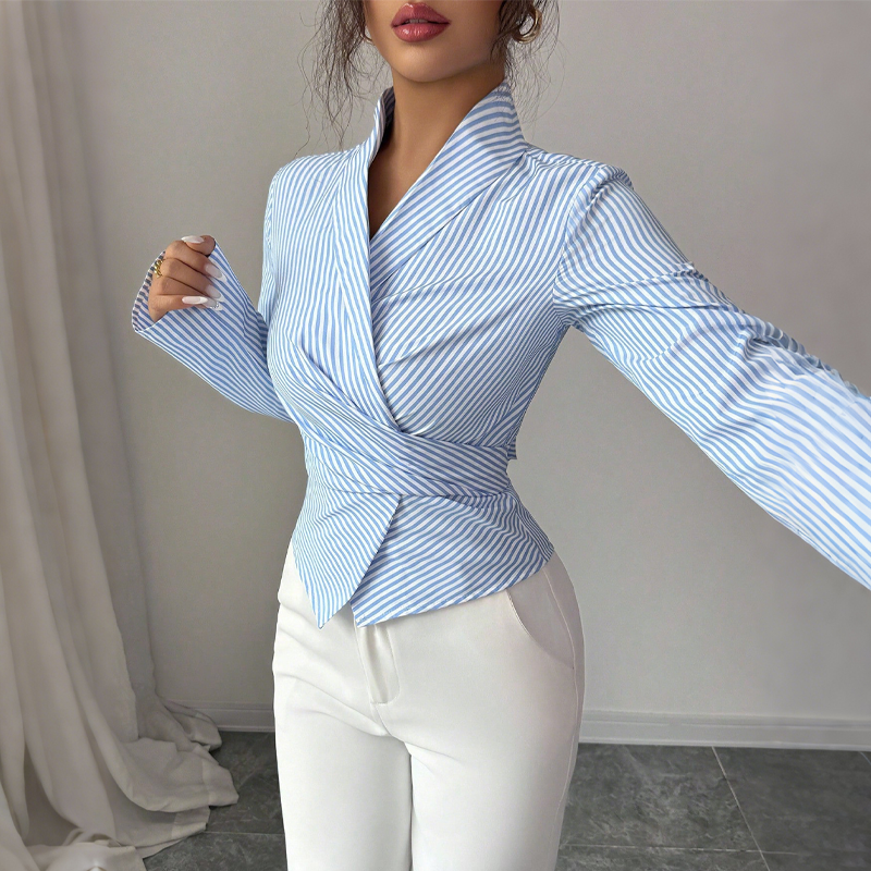 🌿🎀 55 % de réduction 🔥 Chemisier croisé à rayures, col en V et manches longues pour femme