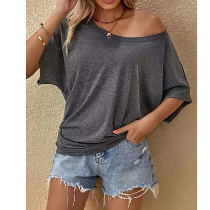 👕 50% DE RÉDUCTION ✨ T-shirt femme à épaules dénudées & manches courtes – Coupe ample & tissu léger – Style décontracté, disponible en gris/noir/marron, tailles S-XL – parfait pour l’été 🌸