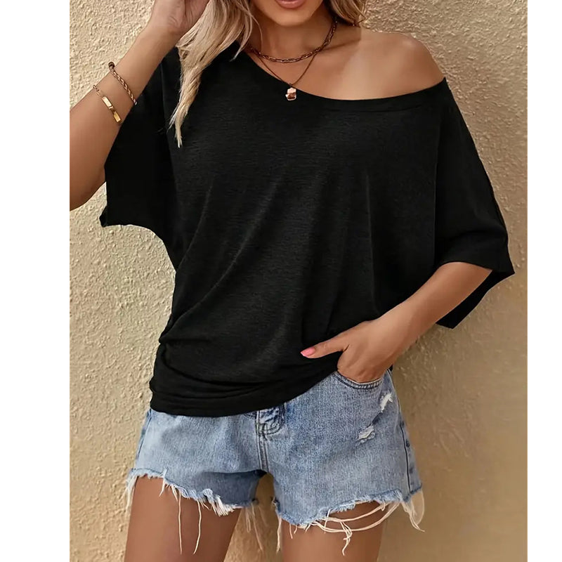 👕 50% DE RÉDUCTION ✨ T-shirt femme à épaules dénudées & manches courtes – Coupe ample & tissu léger – Style décontracté, disponible en gris/noir/marron, tailles S-XL – parfait pour l’été 🌸