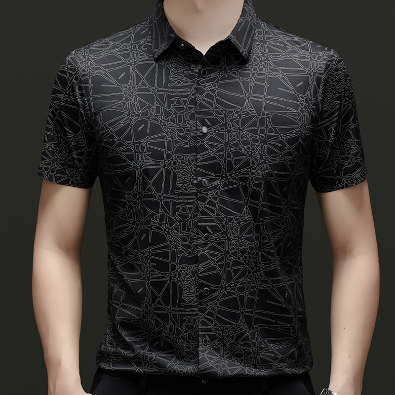 👕✨50 % de réduction🔥Chemise à col et manches courtes pour homme, au motif géométrique abstrait chic
