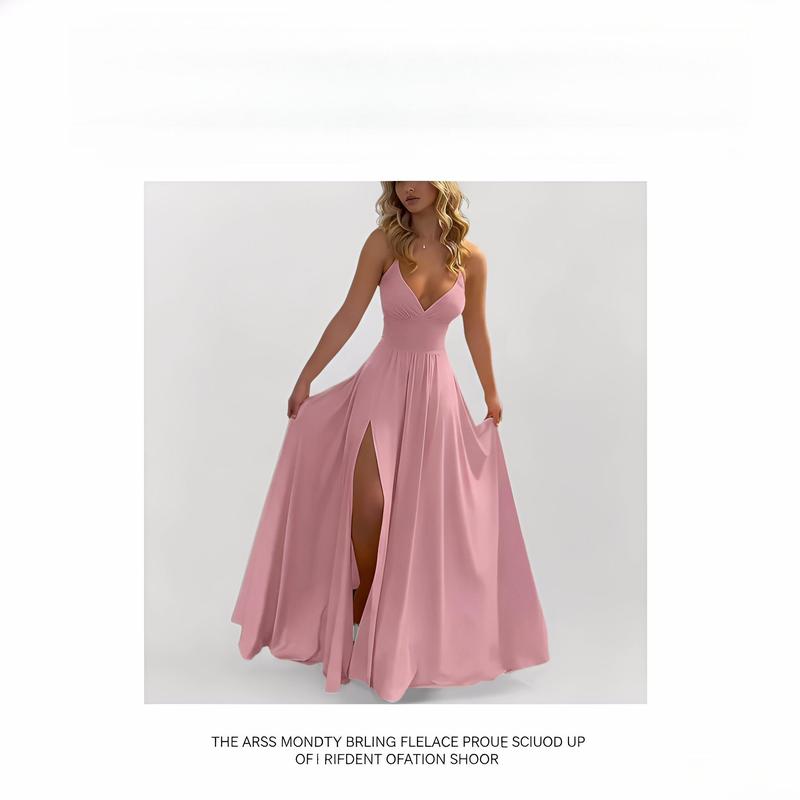 ✨🌈50 % de réduction👗Robe longue à col en V, bretelles fines et fente haute✨