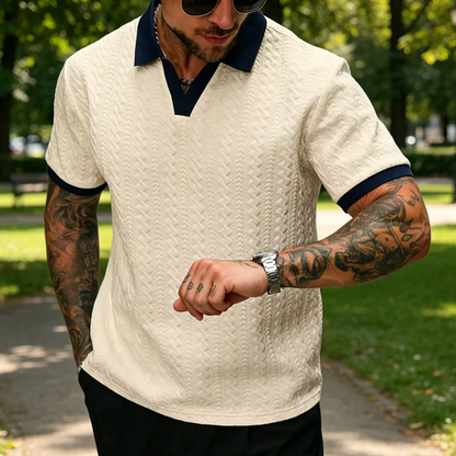 👕 50 % DE RÉDUCTION EN CE MOMENT ! ✨ Haut décontracté texturé pour homme – Col contrasté et tissu en maille – Polyvalent et facile d'entretien 🎩