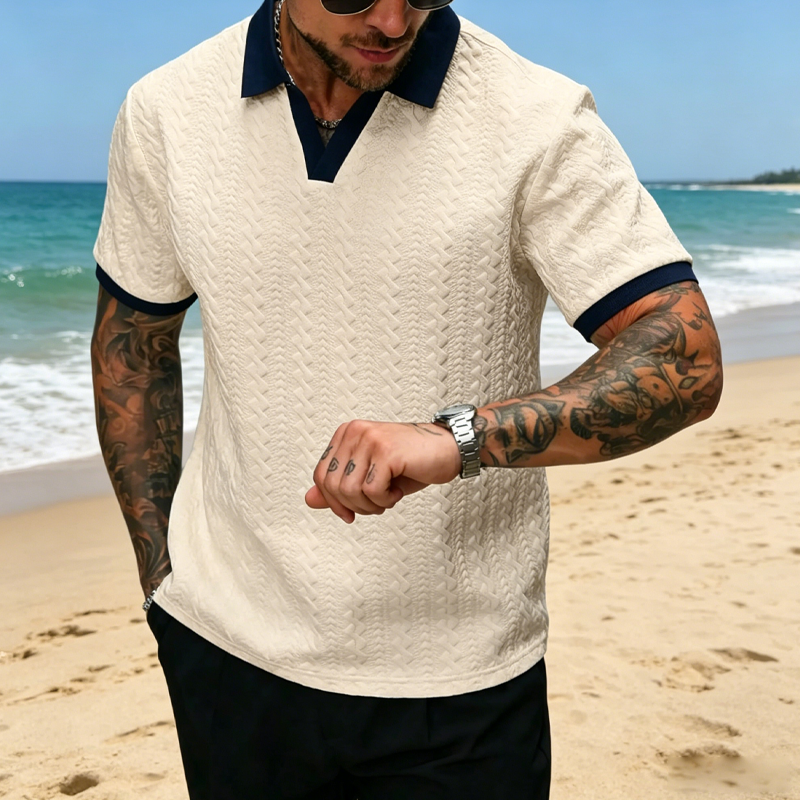 👕 50 % DE RÉDUCTION EN CE MOMENT ! ✨ Haut décontracté texturé pour homme – Col contrasté et tissu en maille – Polyvalent et facile d'entretien 🎩